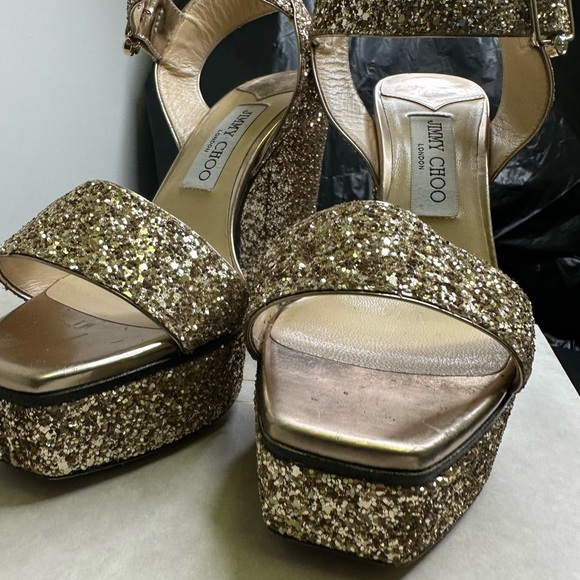 Jimmy Choo Maie Gold Glitter Platform Heels size 38 - Picture 9 of 14